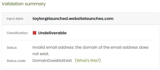 Results from Verifalia email validation