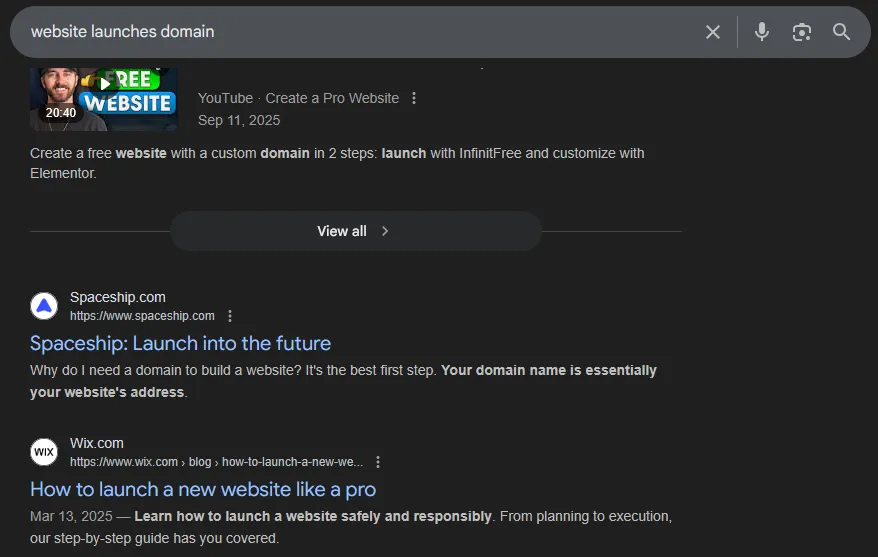 "Website Launches Domain" search