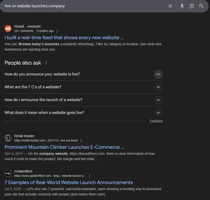 “live on website launches company” search