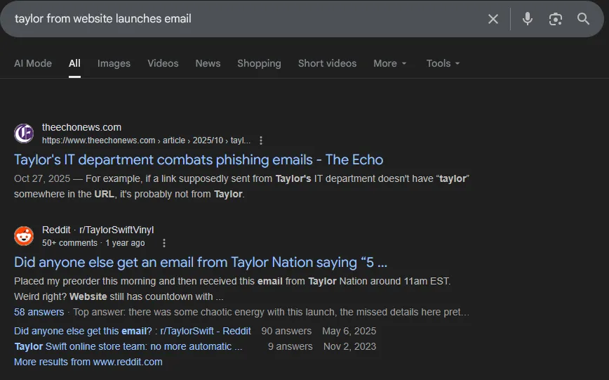 “taylor from website launches email” search